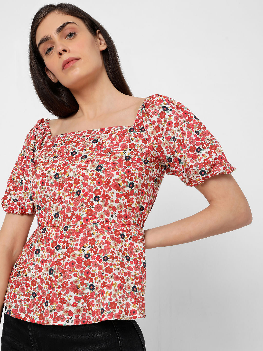 Red Floral Peplum Top