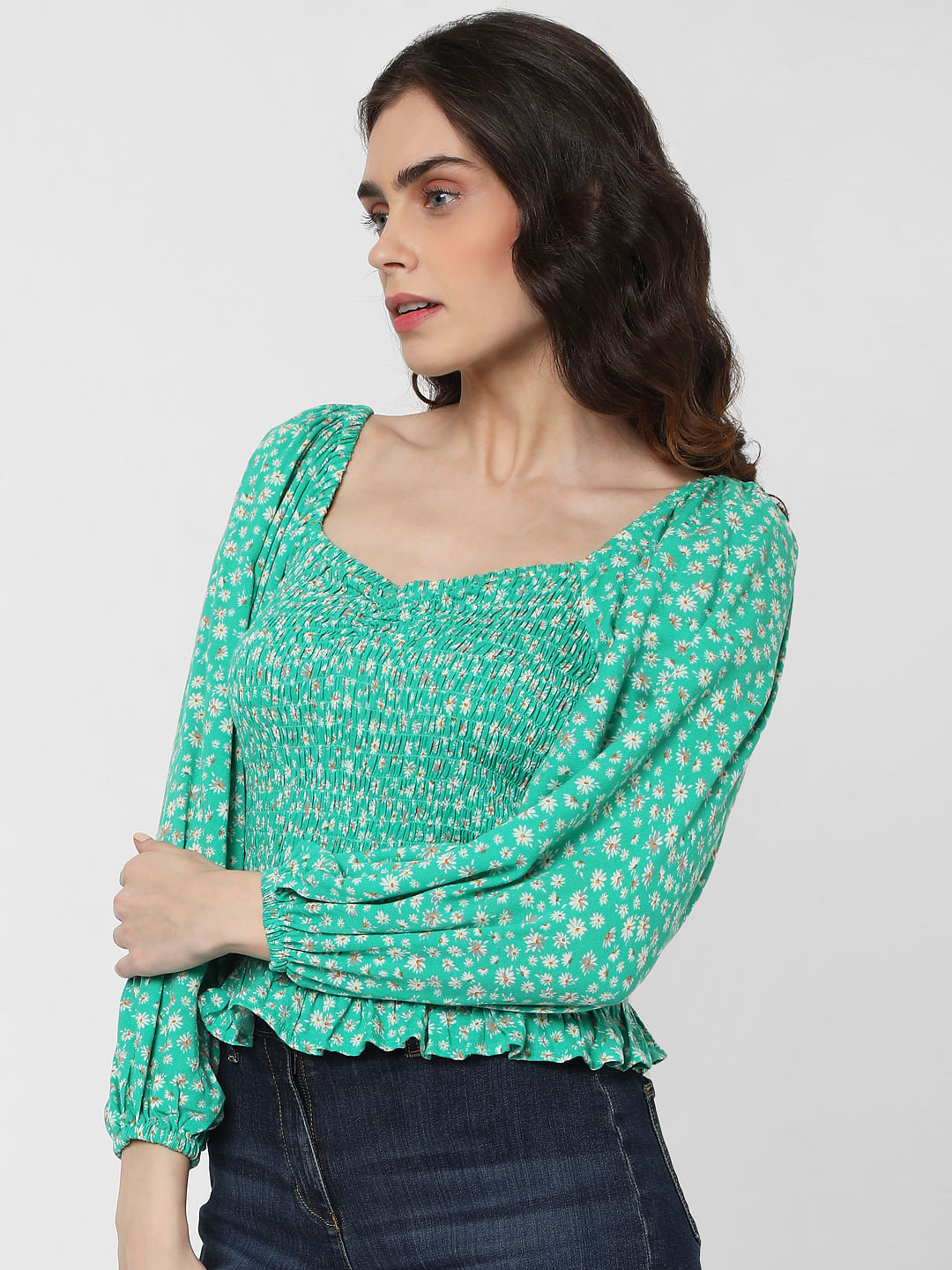 Green Floral Smocked Top