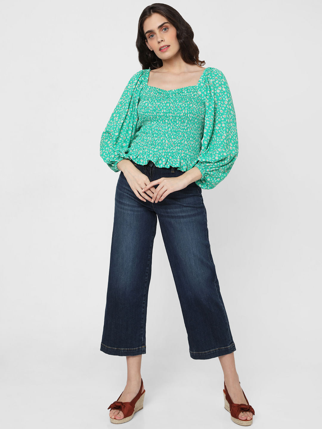 Green Floral Smocked Top