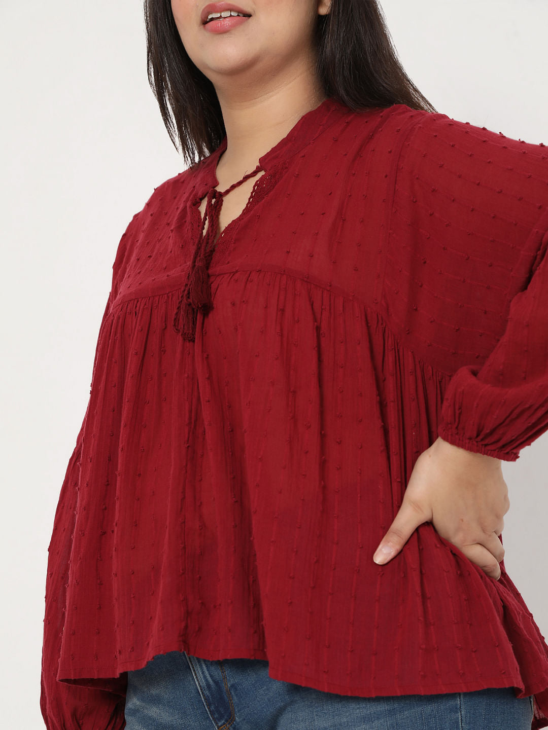 Curve Red Textured Boho Top