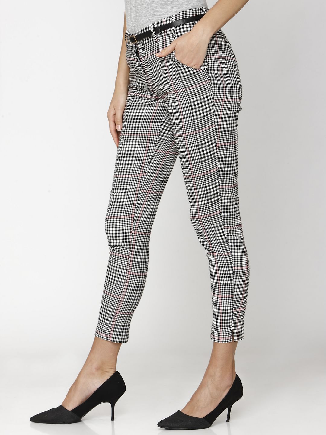 Black Mid Rise Check Ankle Length Pants