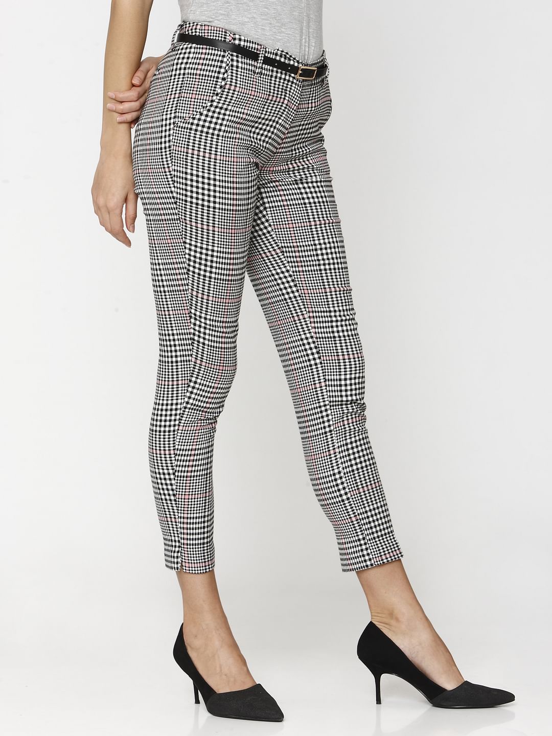 Black Mid Rise Check Ankle Length Pants