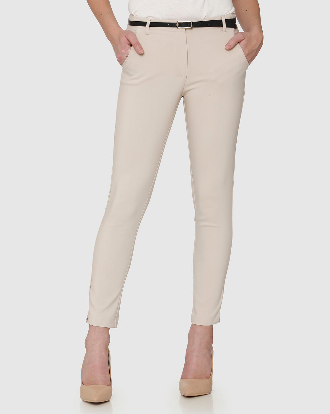 Beige Mid Rise Ankle Length Fitted Pants
