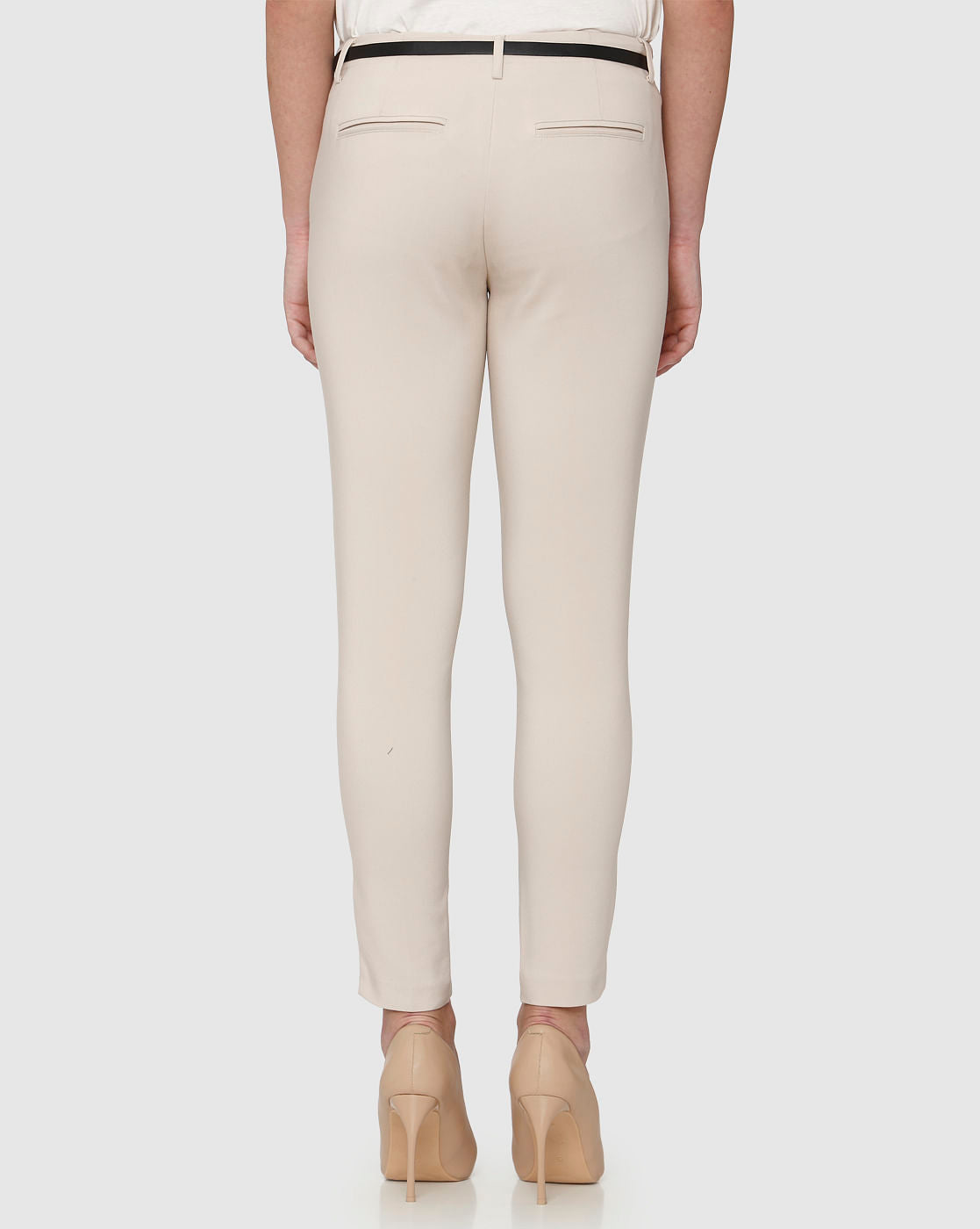 Beige Mid Rise Ankle Length Fitted Pants