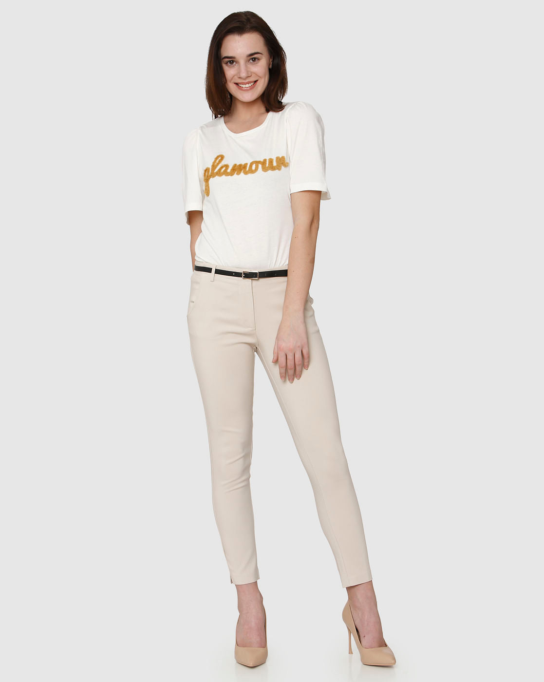 Beige Mid Rise Ankle Length Fitted Pants