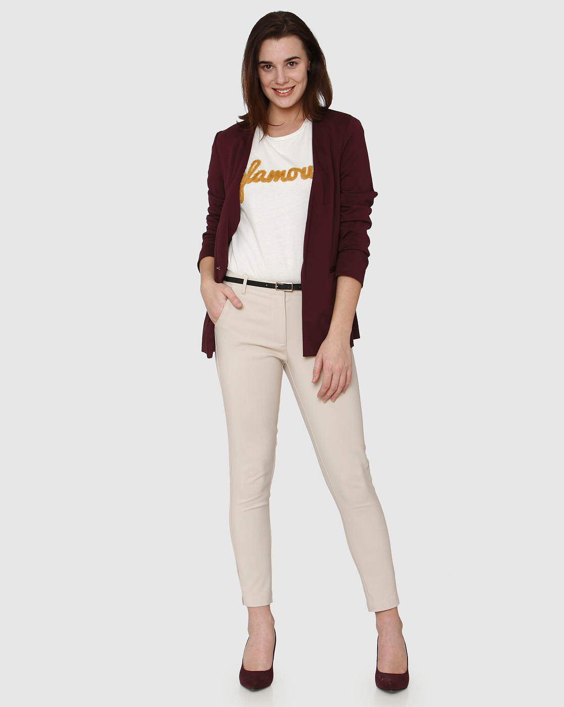 Beige Mid Rise Ankle Length Fitted Pants