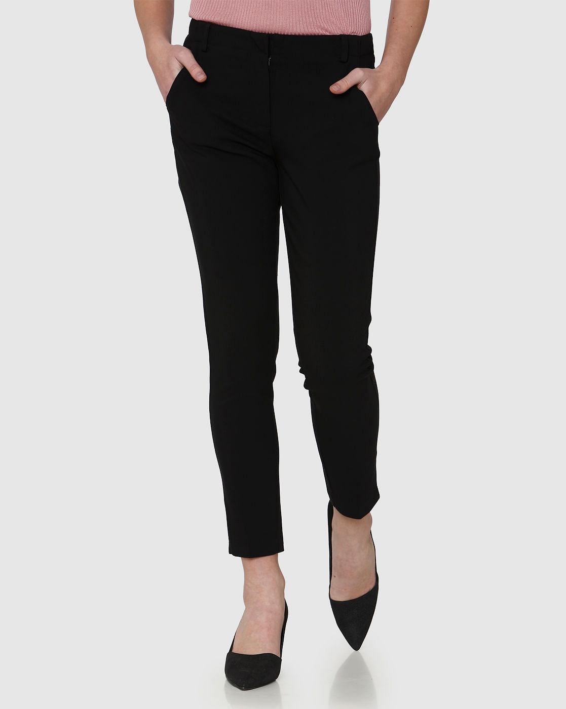 Black Mid Rise Ankle Length Straight Fit Trousers