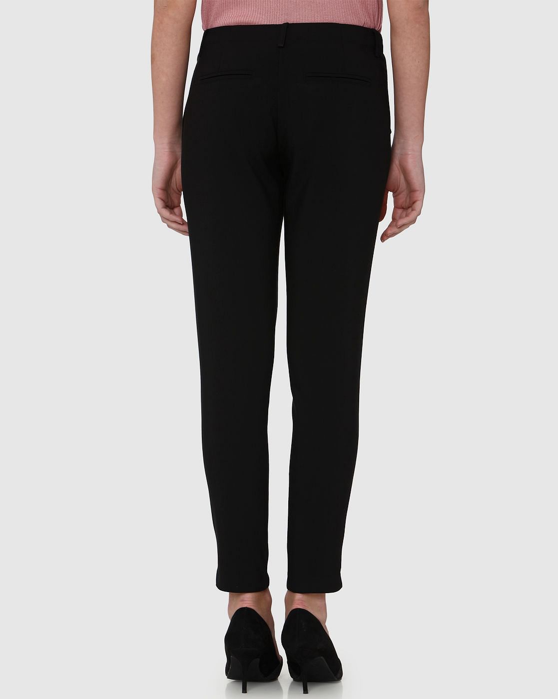 Black Mid Rise Ankle Length Straight Fit Trousers