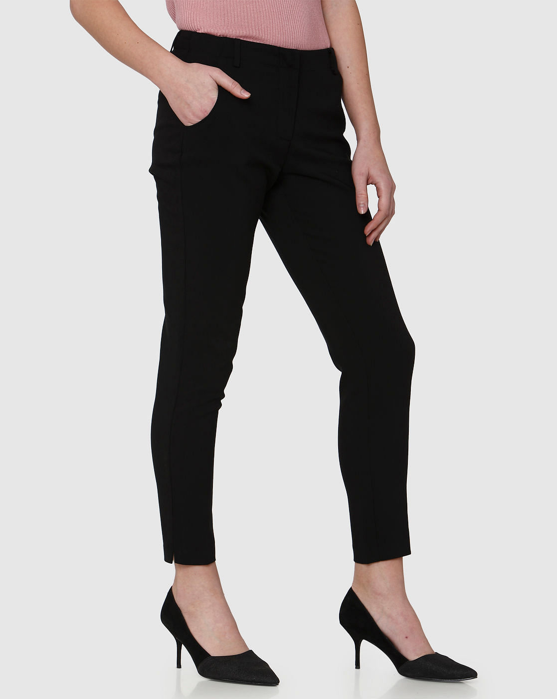 Black Mid Rise Ankle Length Straight Fit Trousers