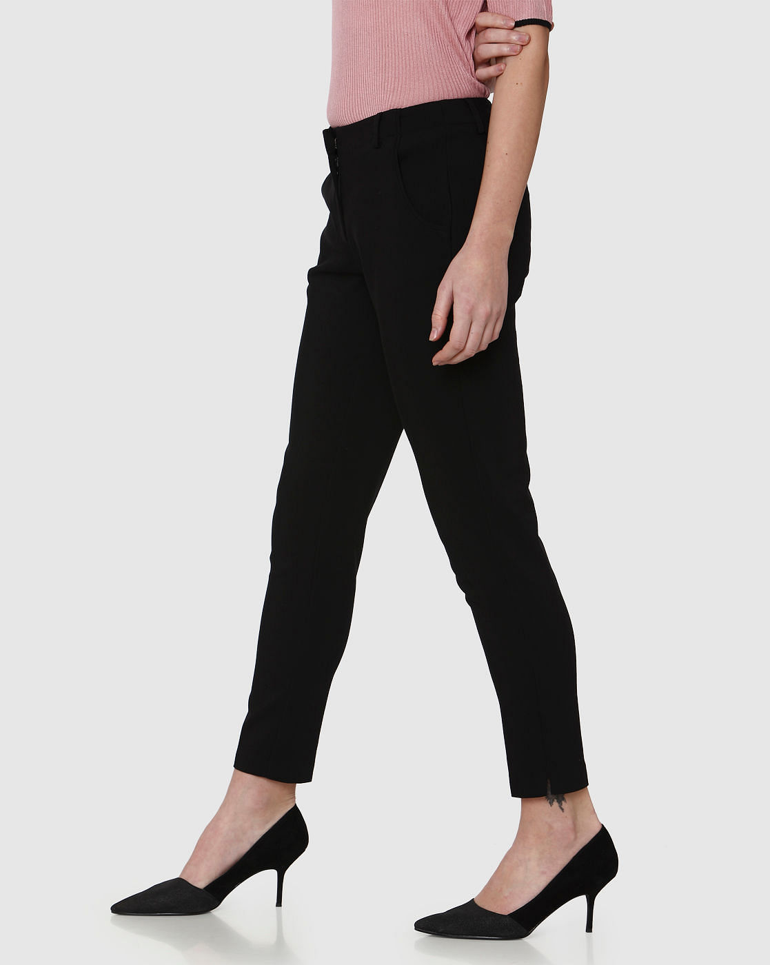 Black Mid Rise Ankle Length Straight Fit Trousers