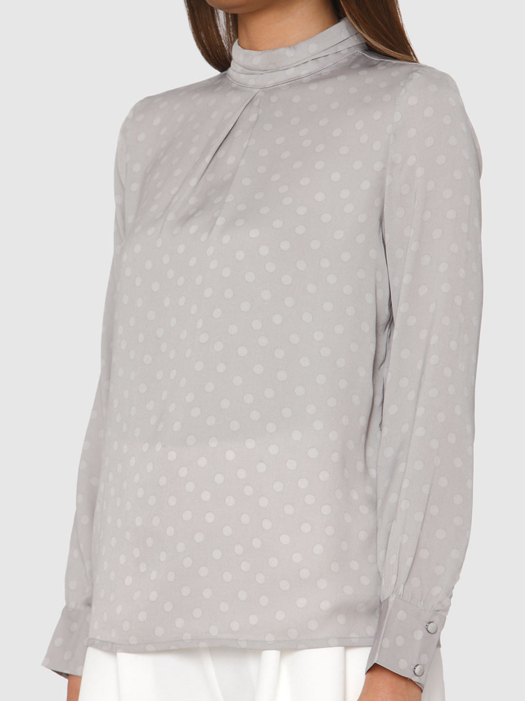 Grey Polka Dot High Neck Cuff Sleeves Top