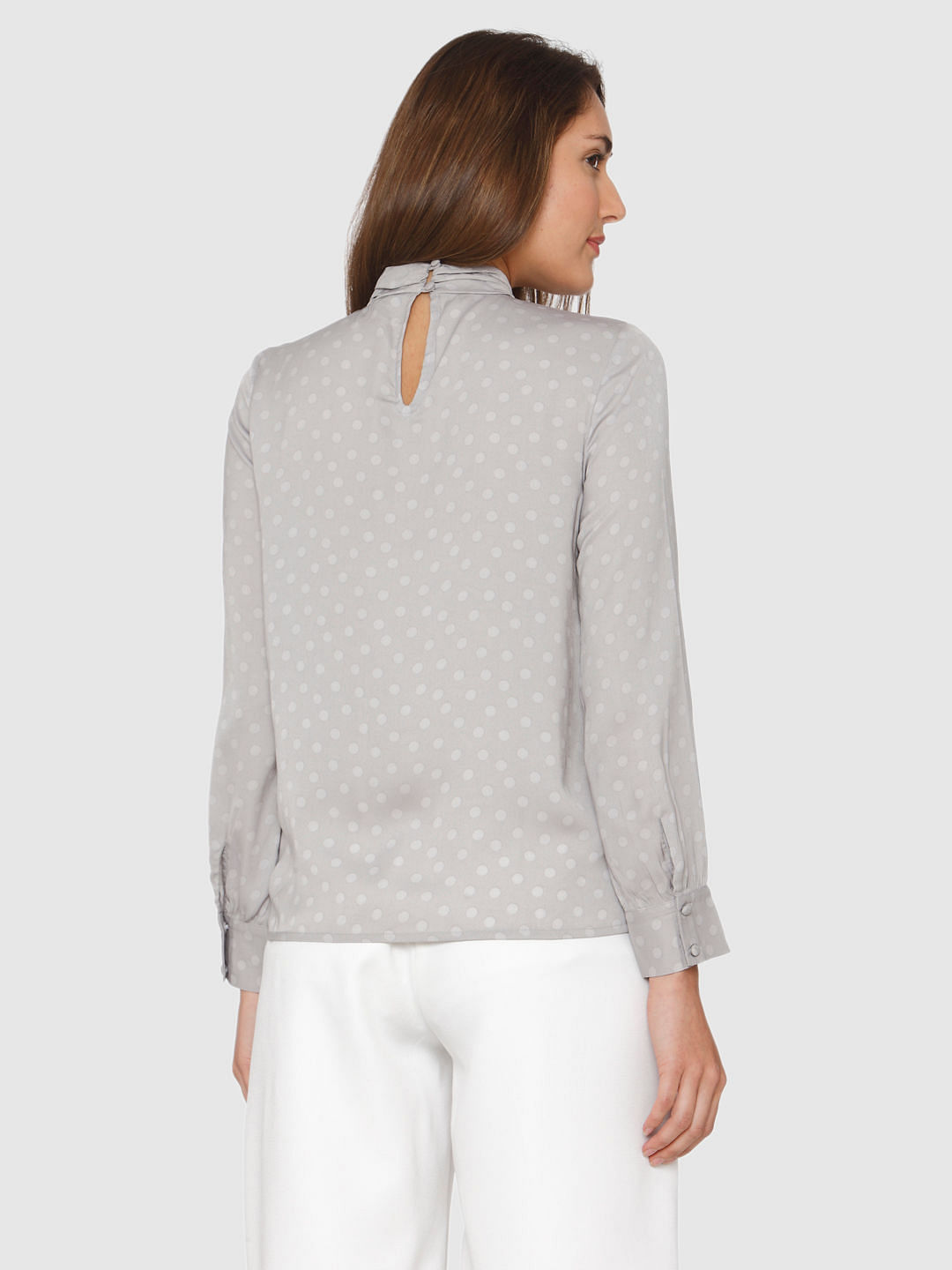 Grey Polka Dot High Neck Cuff Sleeves Top