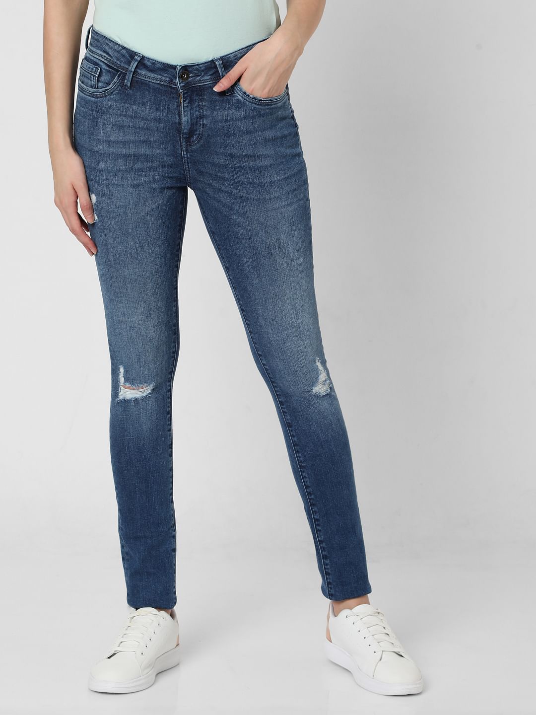 Blue Mid Rise Ripped Wendy Skinny Jeans