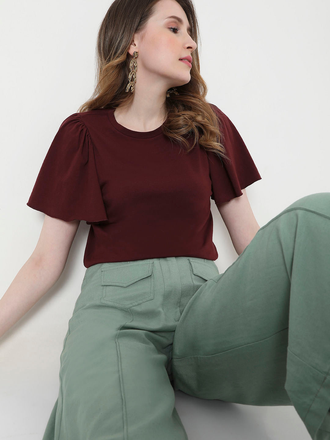 Maroon Organic Cotton Flared Sleeves Top