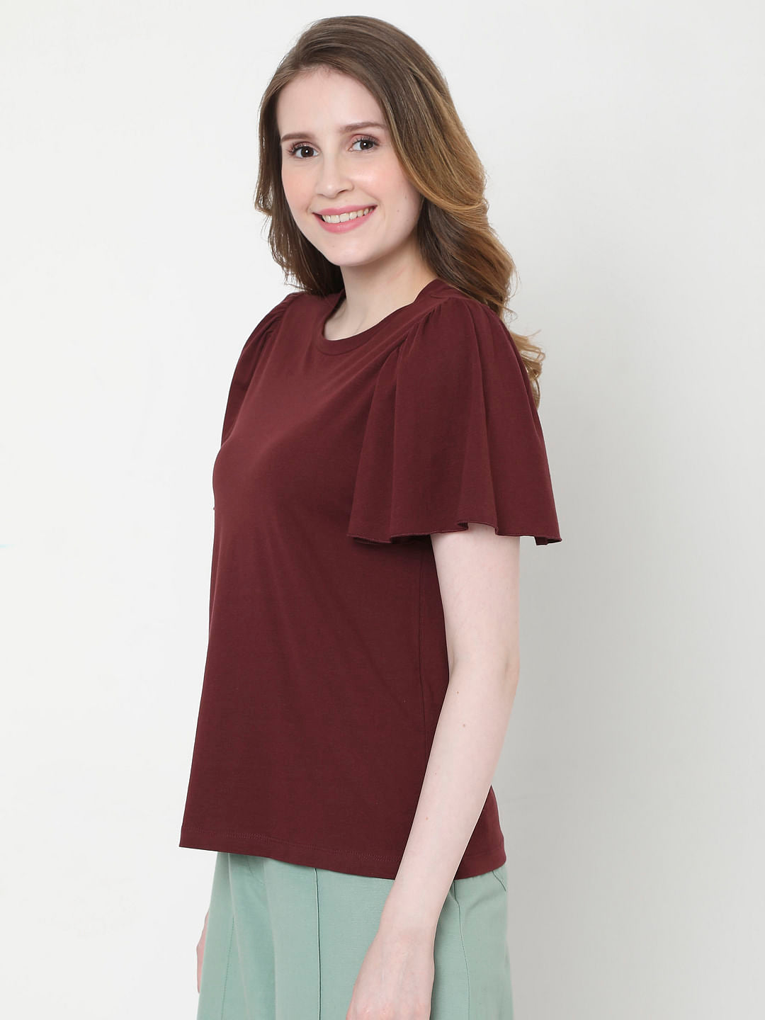 Maroon Organic Cotton Flared Sleeves Top