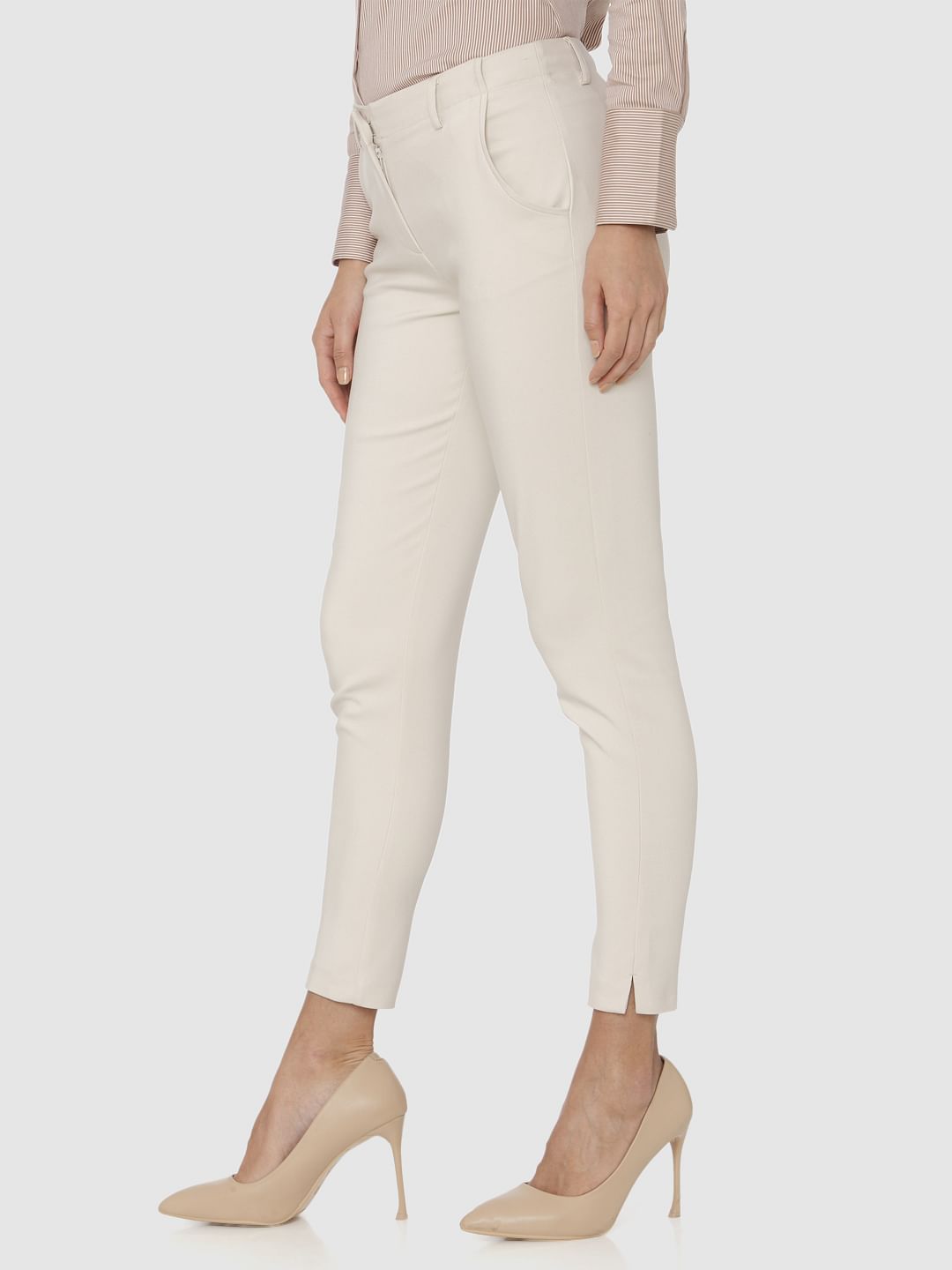 Beige Mid Rise Ankle Length Slim Fit Pants