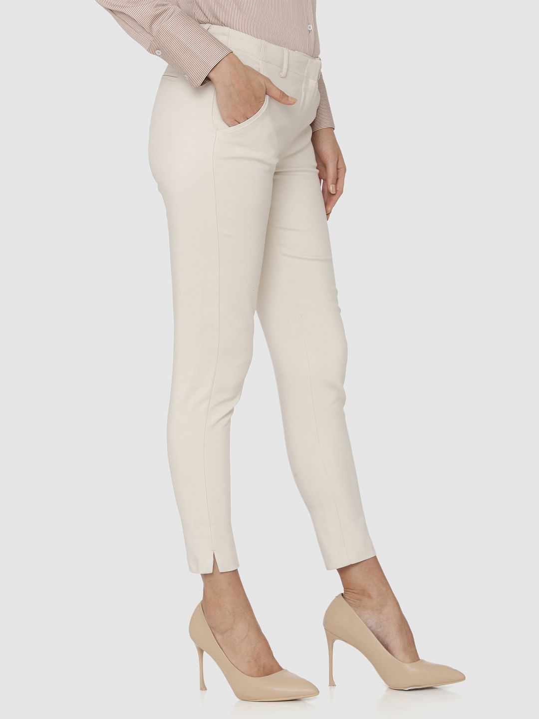 Beige Mid Rise Ankle Length Slim Fit Pants