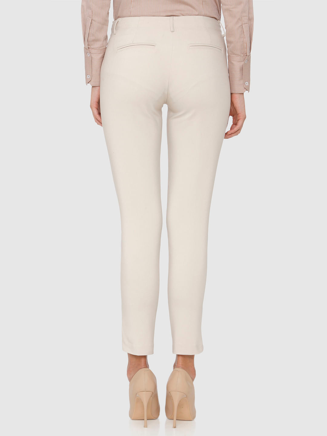 Beige Mid Rise Ankle Length Slim Fit Pants
