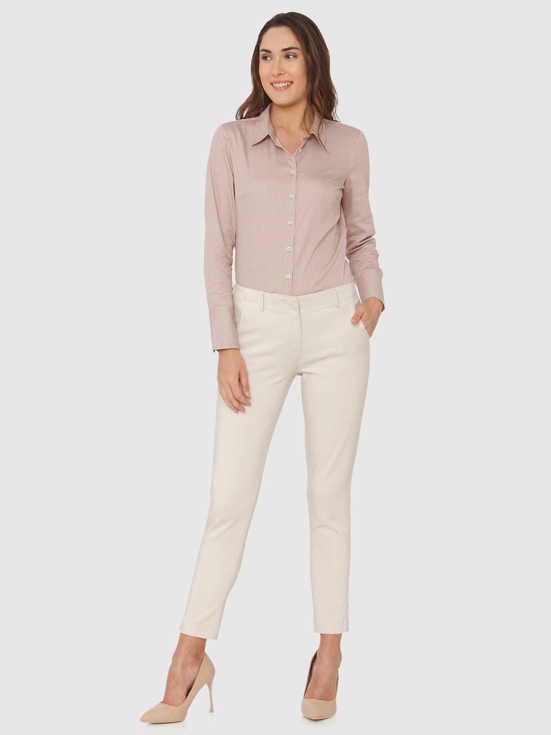 Beige Mid Rise Ankle Length Slim Fit Pants