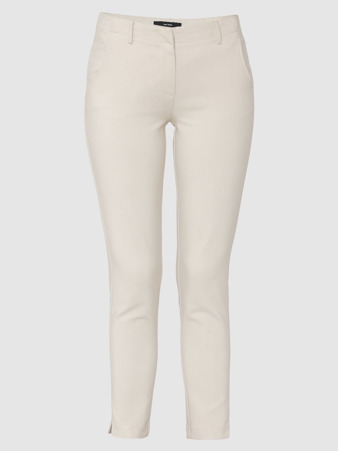 Beige Mid Rise Ankle Length Slim Fit Pants