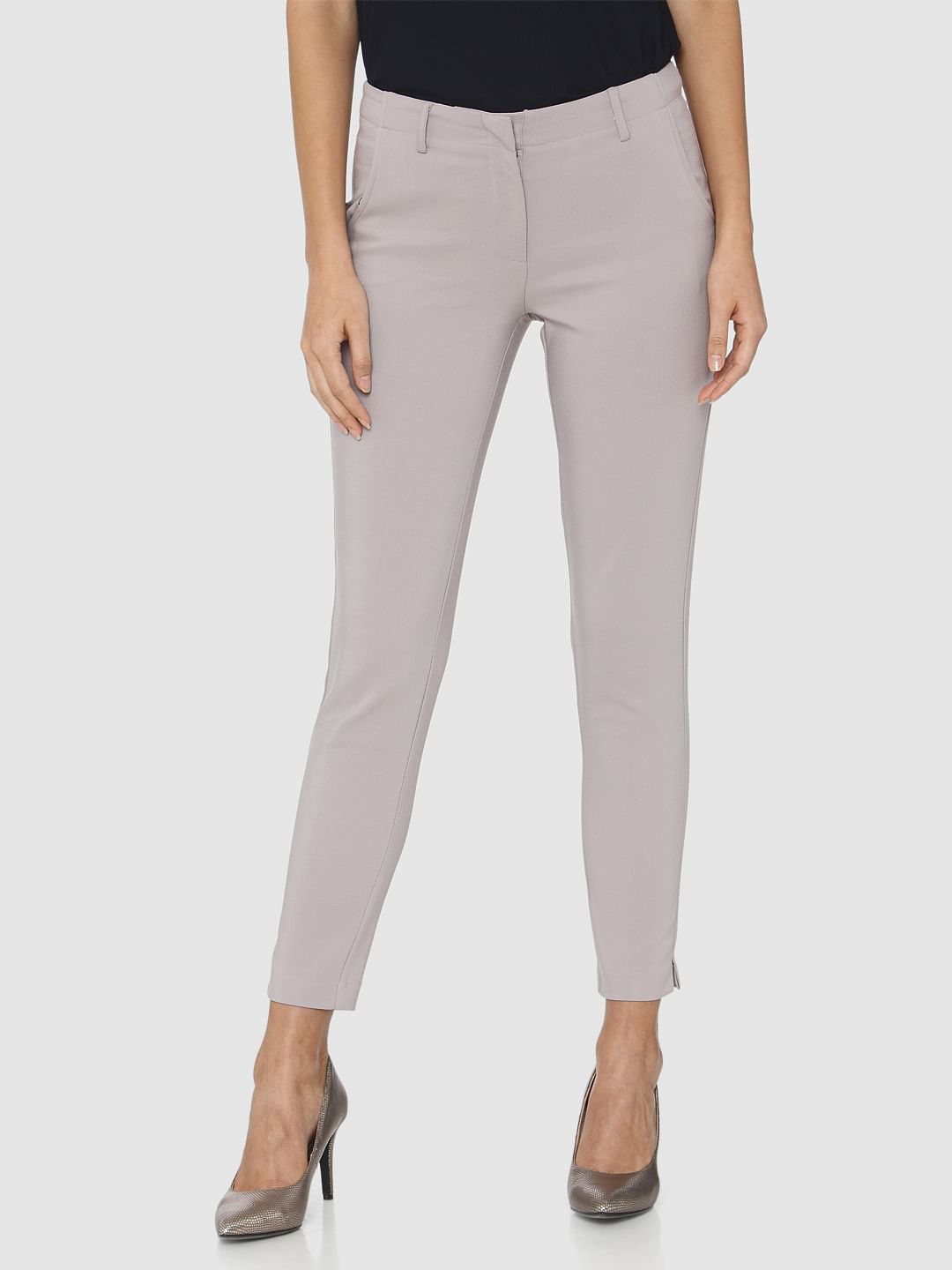 Grey Mid Rise Ankle Length Slim Fit Pants