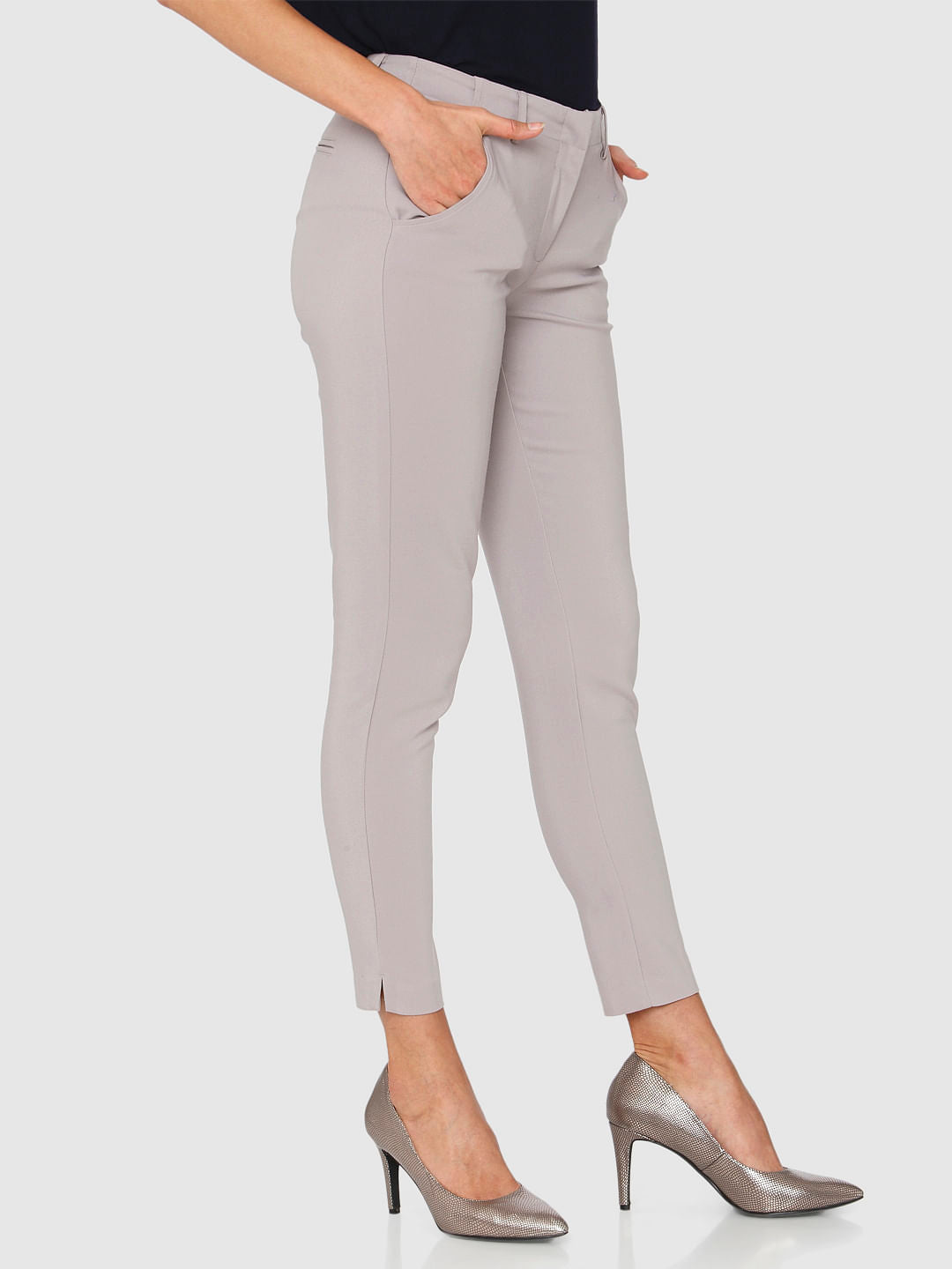 Grey Mid Rise Ankle Length Slim Fit Pants