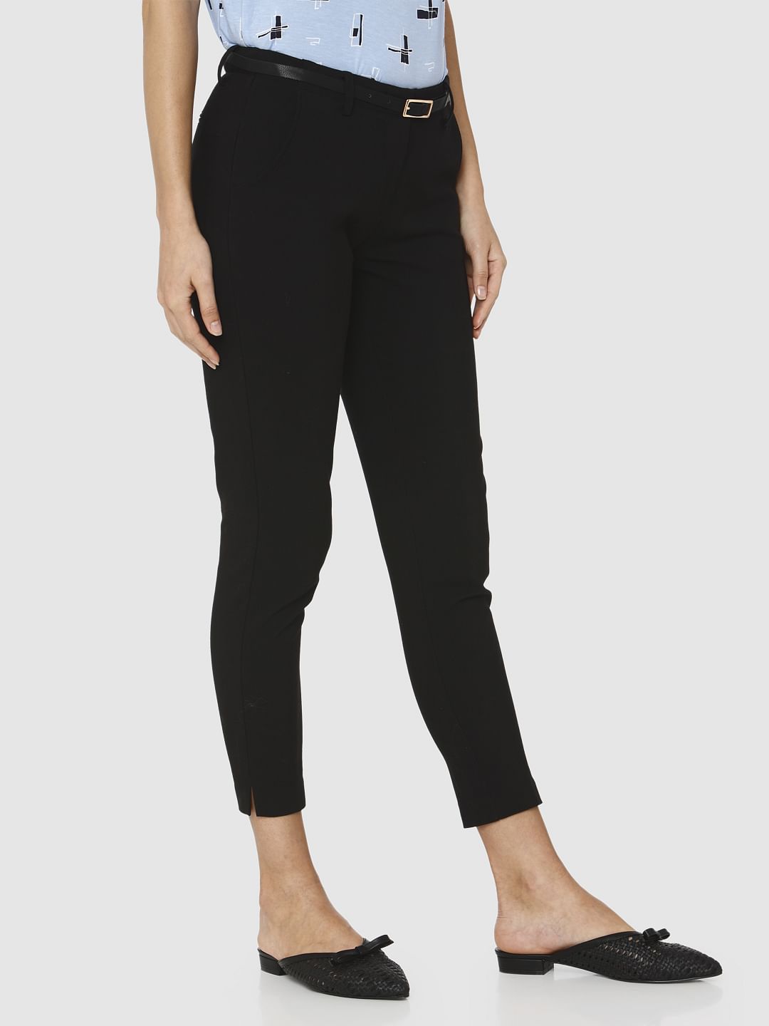 Black Mid Rise Ankle Length Slim Fit Pants