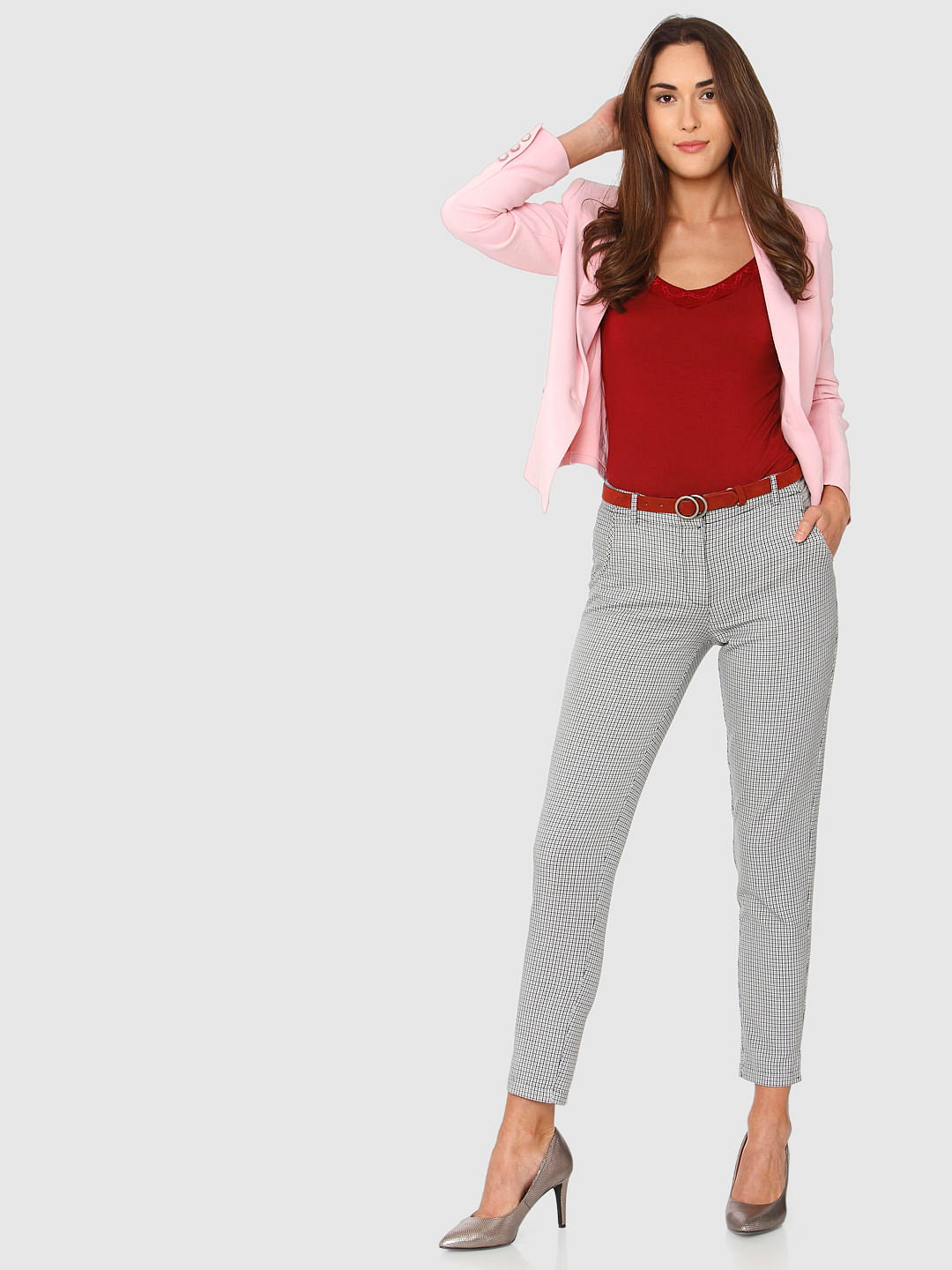 Grey Mid Rise Checks Ankle Length Slim Fit Pants