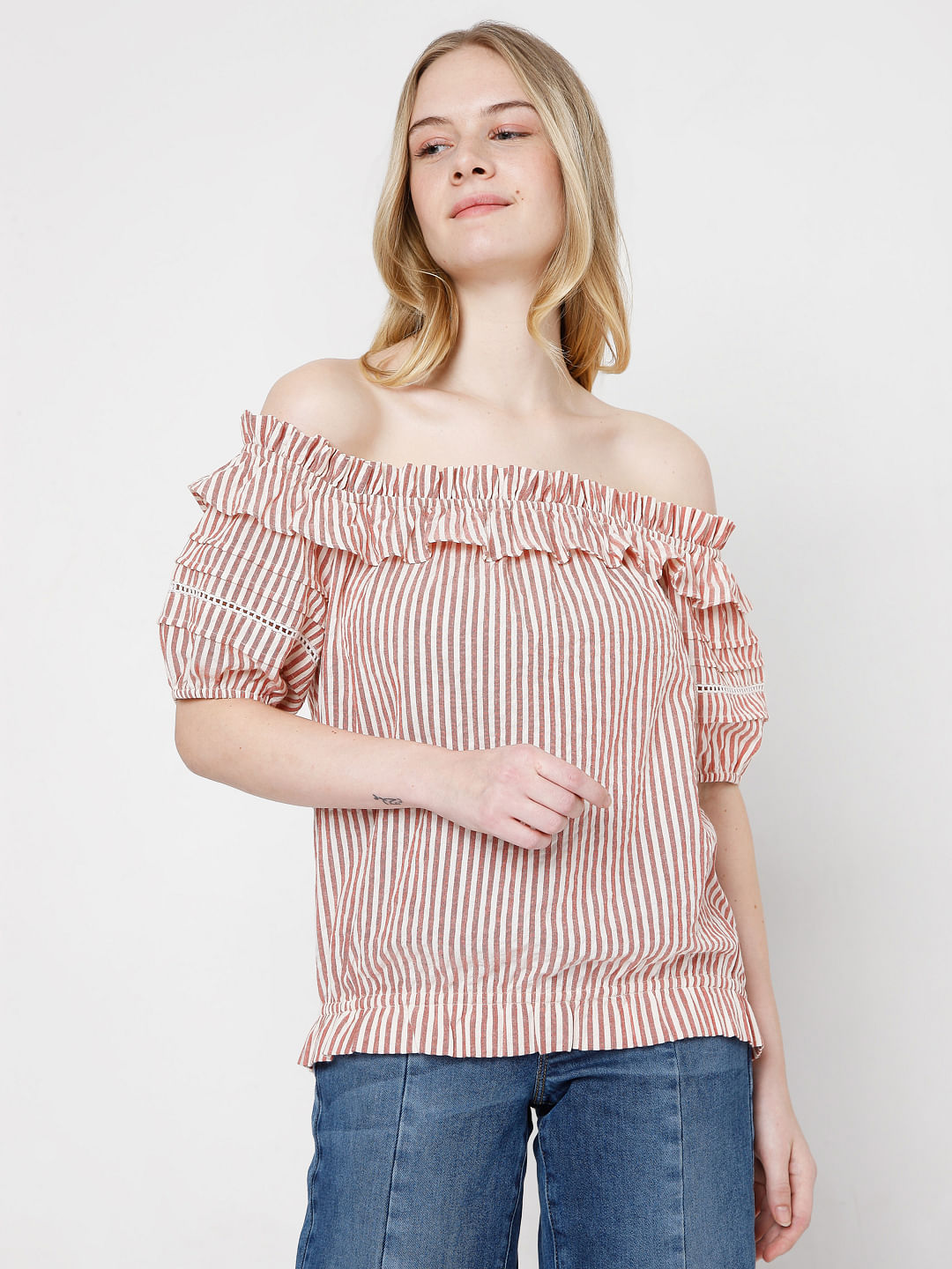 Orange Striped Off-Shoulder Top