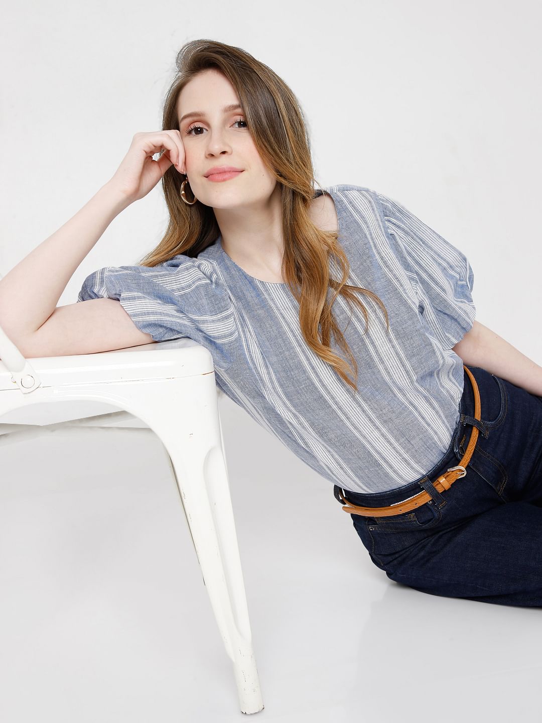 Blue Striped Puff Sleeves Top