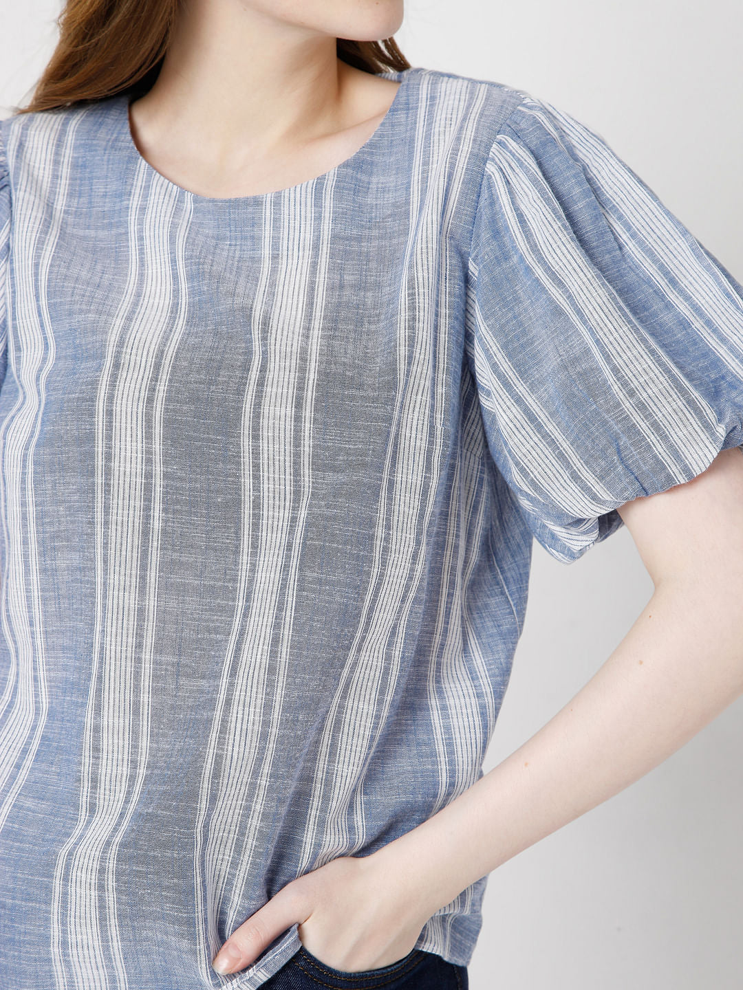 Blue Striped Puff Sleeves Top