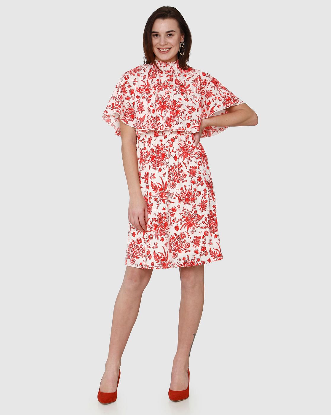 White All Over Floral Print Cape Detail Fit & Flare Dress