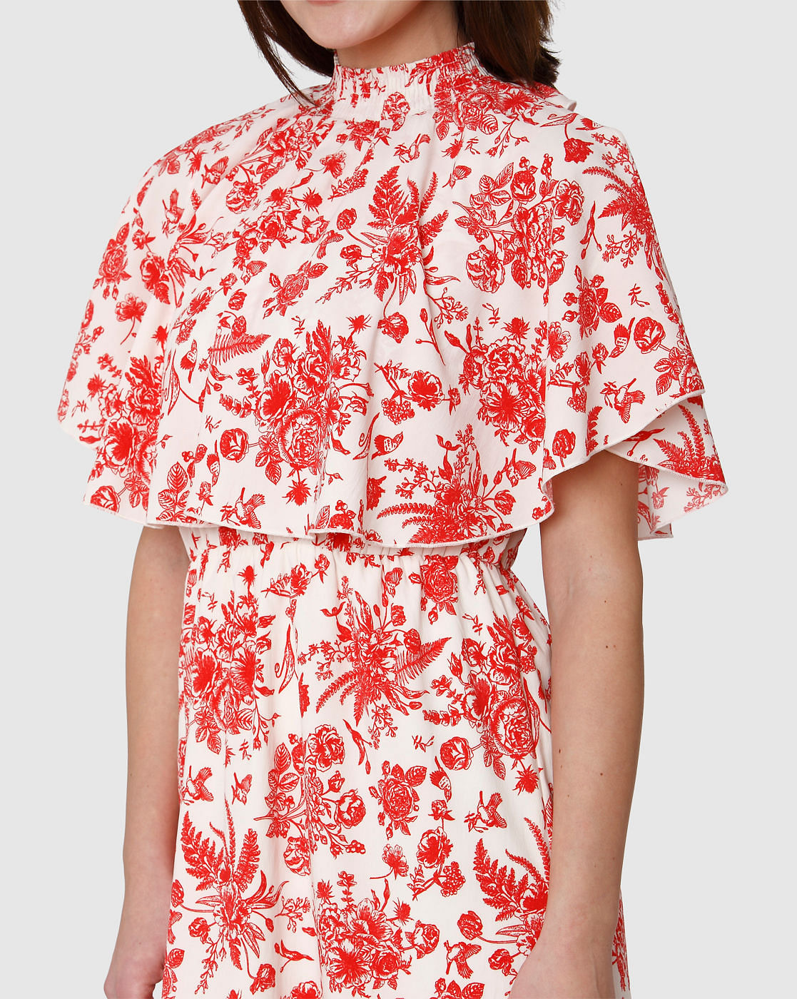 White All Over Floral Print Cape Detail Fit & Flare Dress