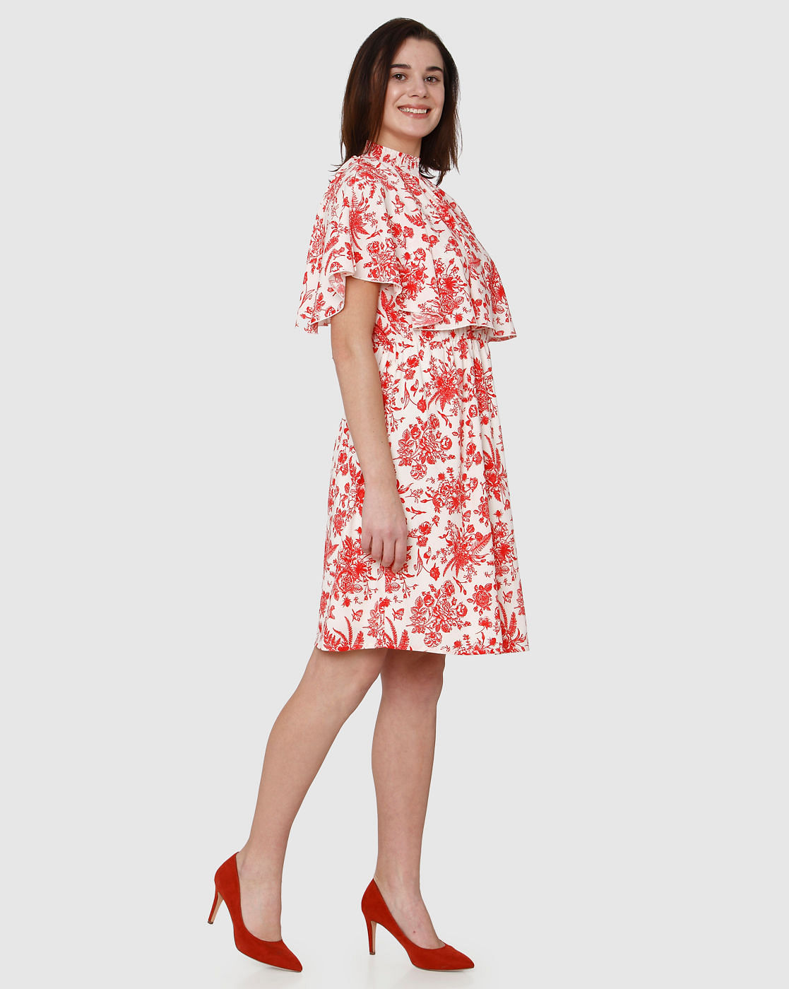 White All Over Floral Print Cape Detail Fit & Flare Dress