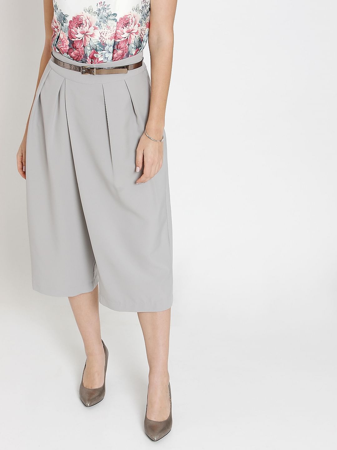 Grey Pleated Midi Culottes