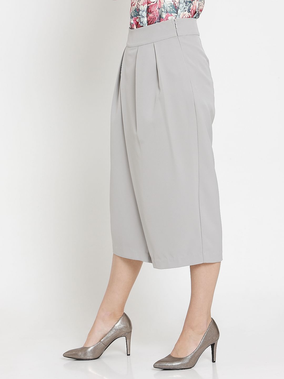 Grey Pleated Midi Culottes