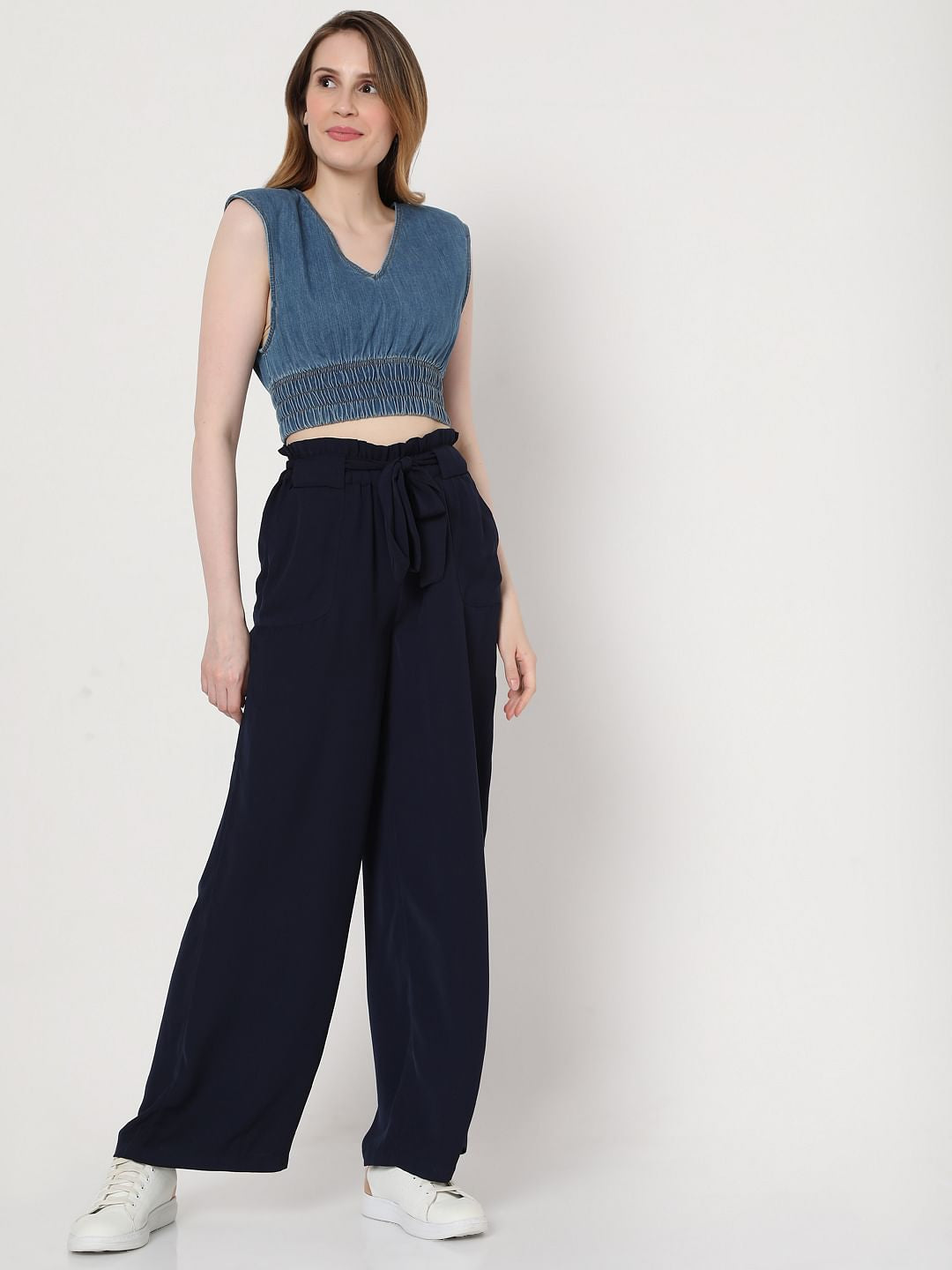 Navy Blue High Rise Wide Leg Co-Ord Set Pants