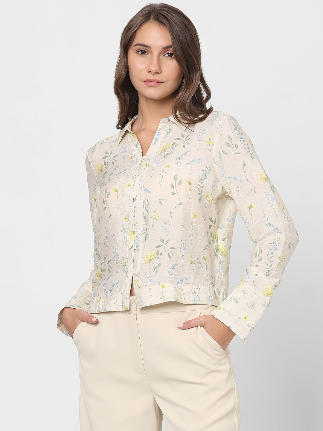 Light Cream Printed Cropped Shirt