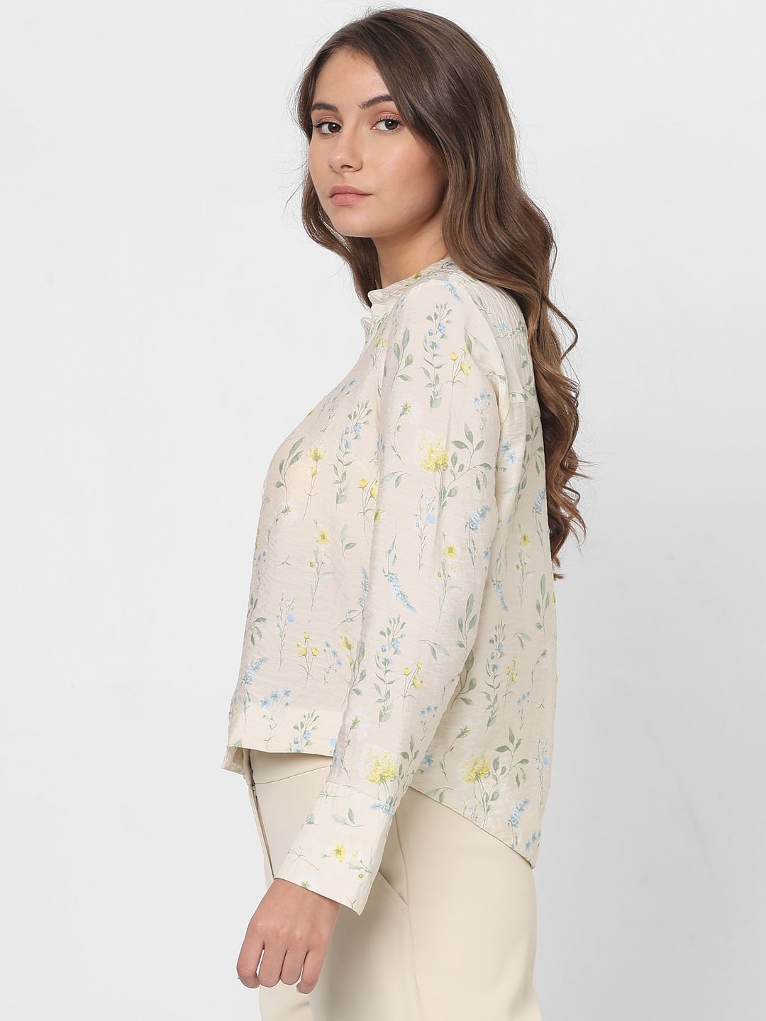 Light Cream Printed Cropped Shirt