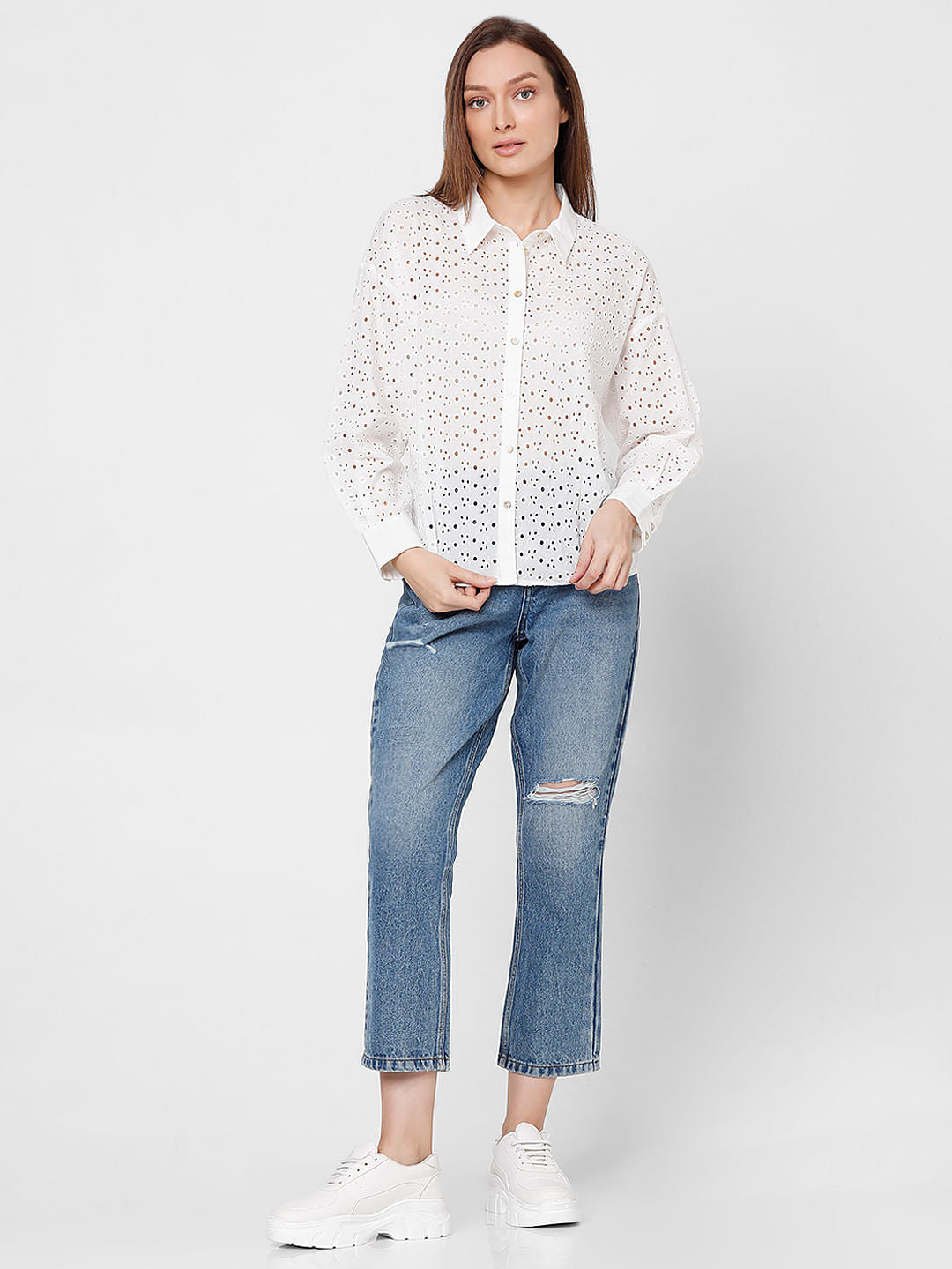White Schiffli Cotton Shirt