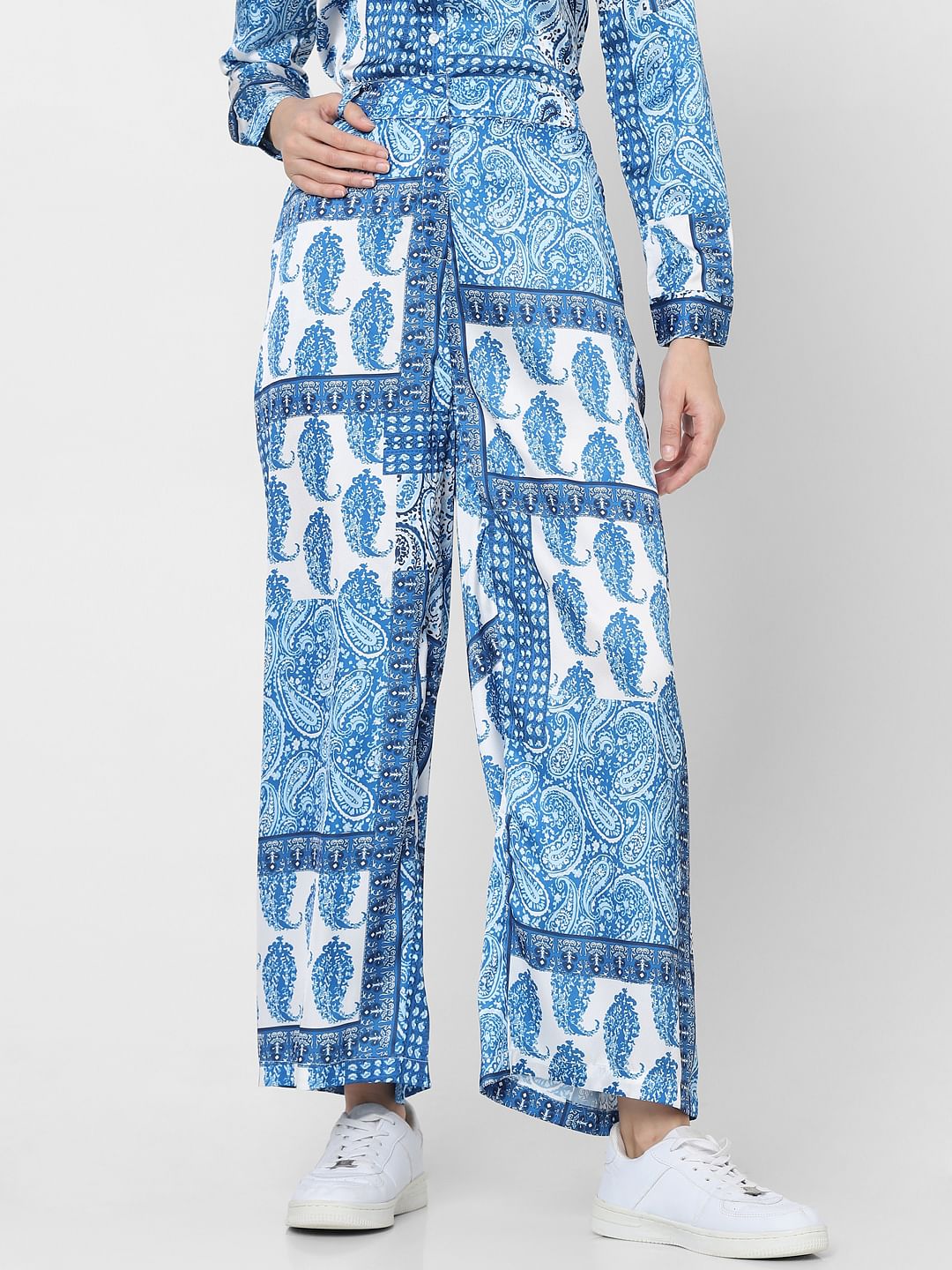 Blue High Rise Printed Pants