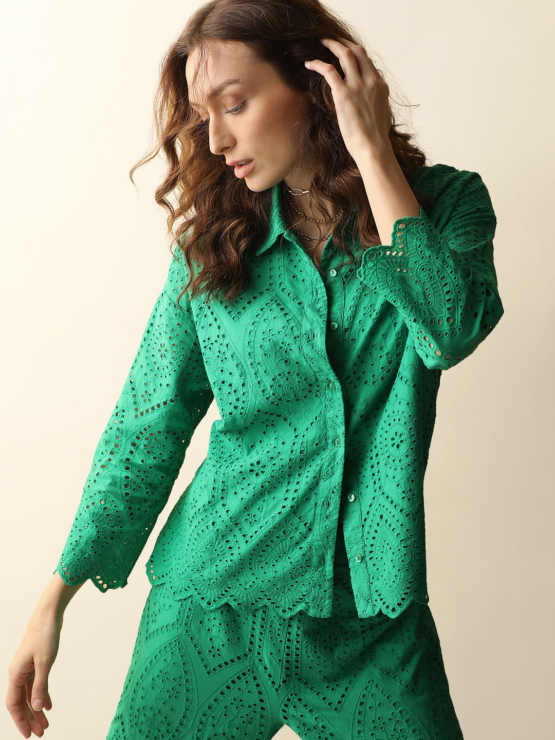 Green Schiffli Co-Ord Set Shirt