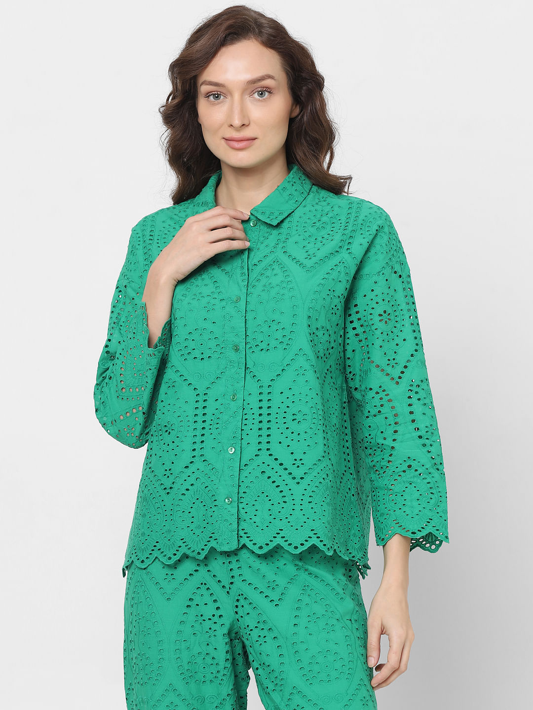 Green Schiffli Co-Ord Set Shirt
