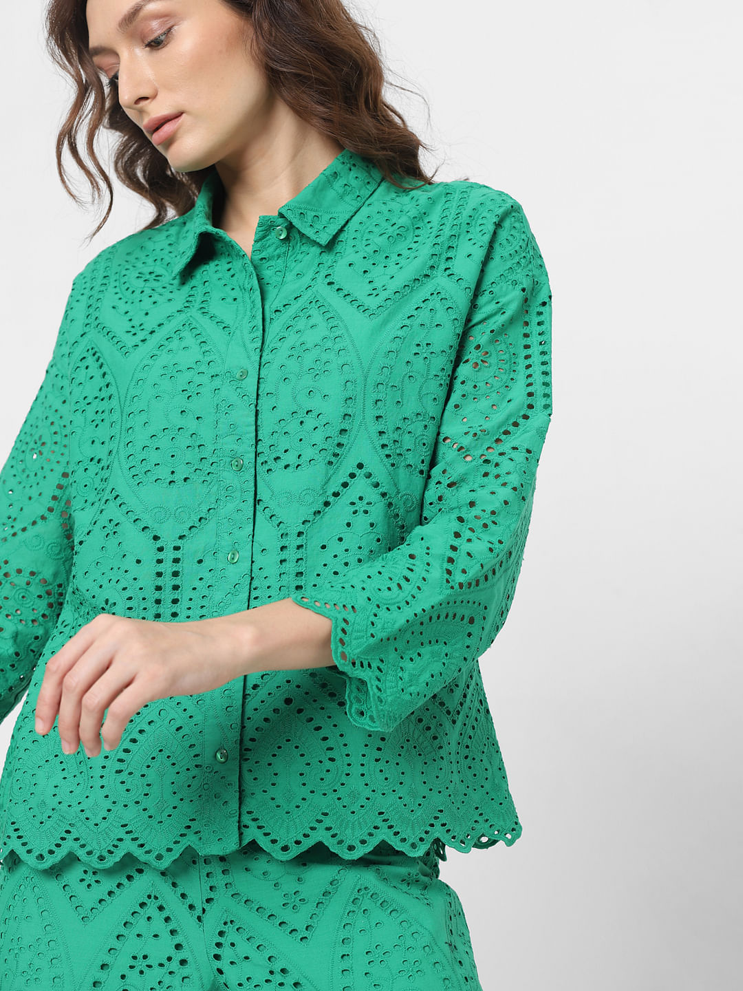 Green Schiffli Co-Ord Set Shirt