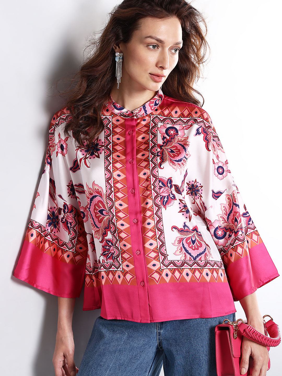 Red Printed Flared Sleeves Top