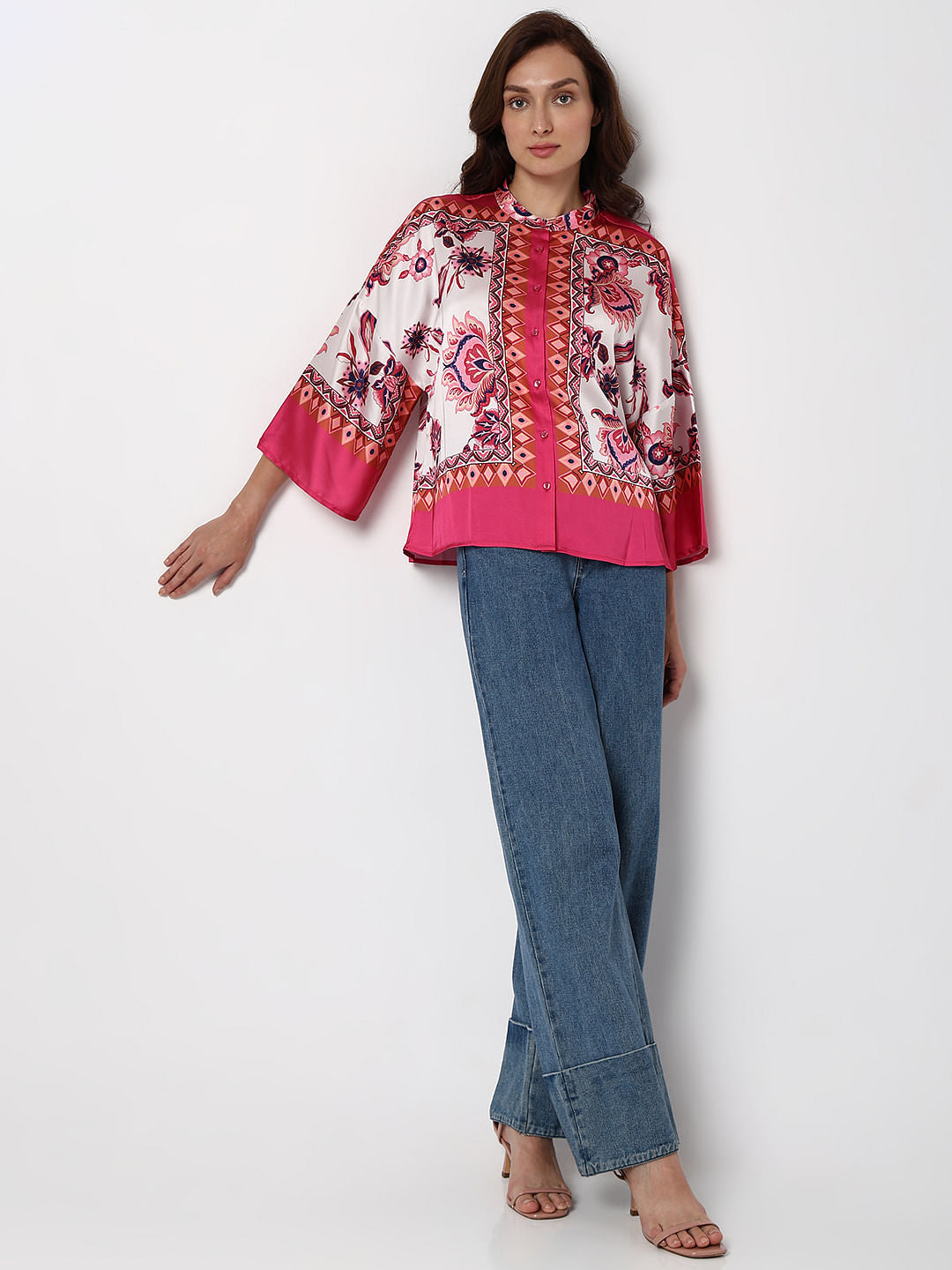 Red Printed Flared Sleeves Top