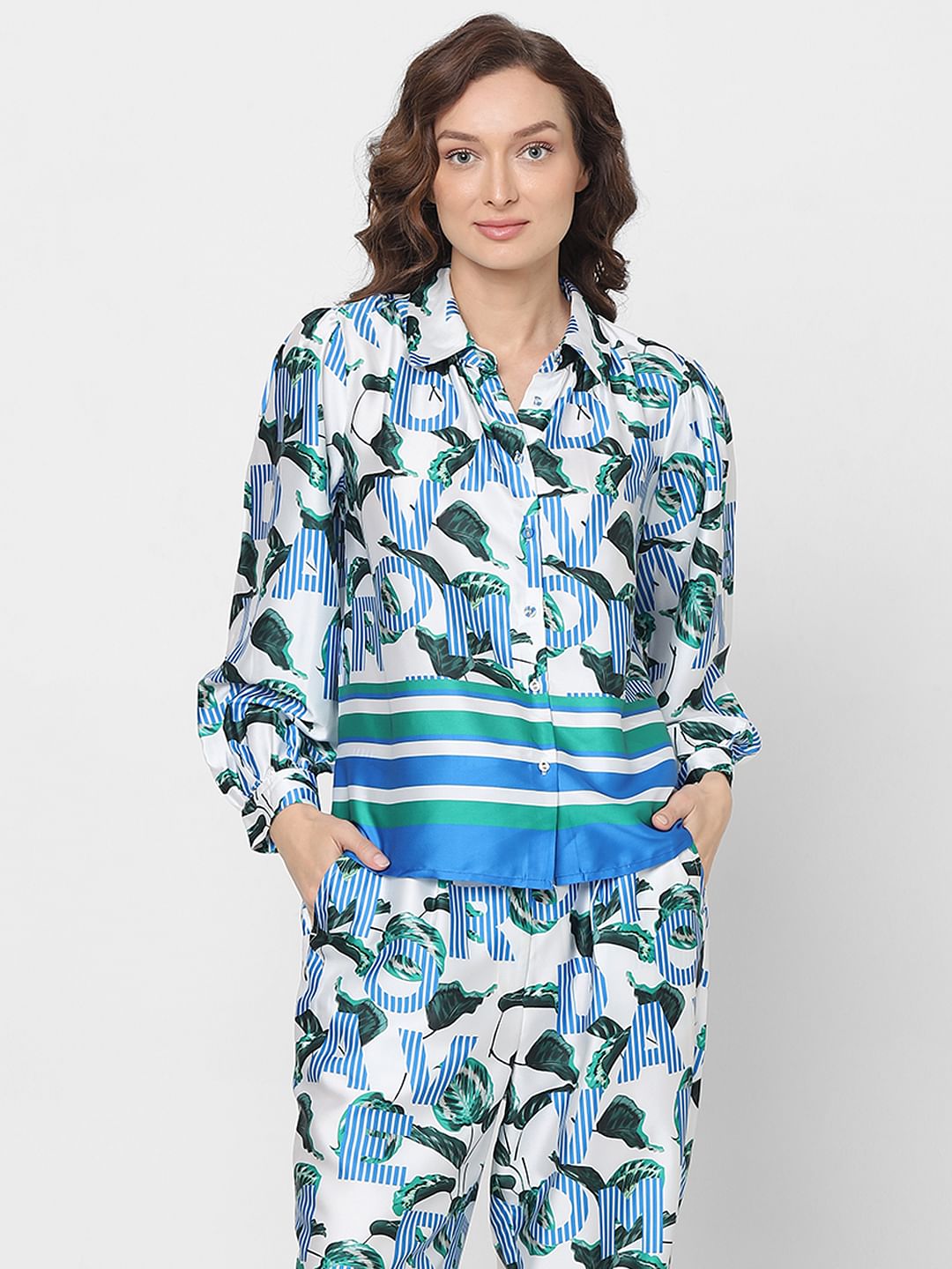 Blue Printed Co-Ord Set Shirt