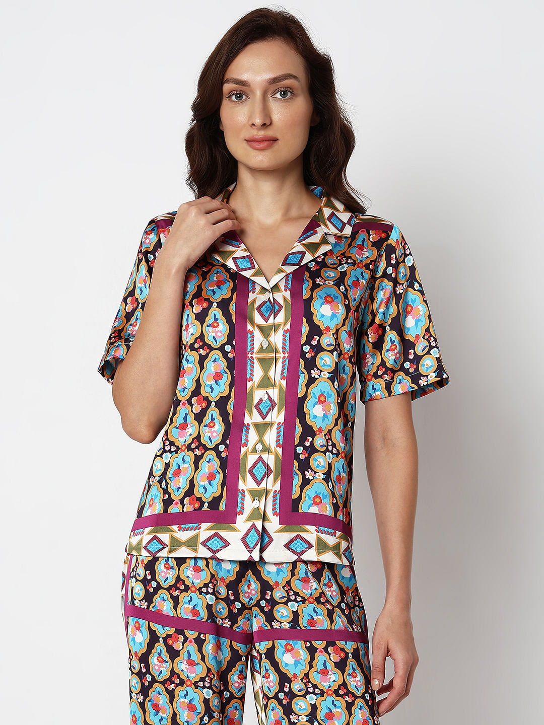 Purple Abstract Print Satin Shirt