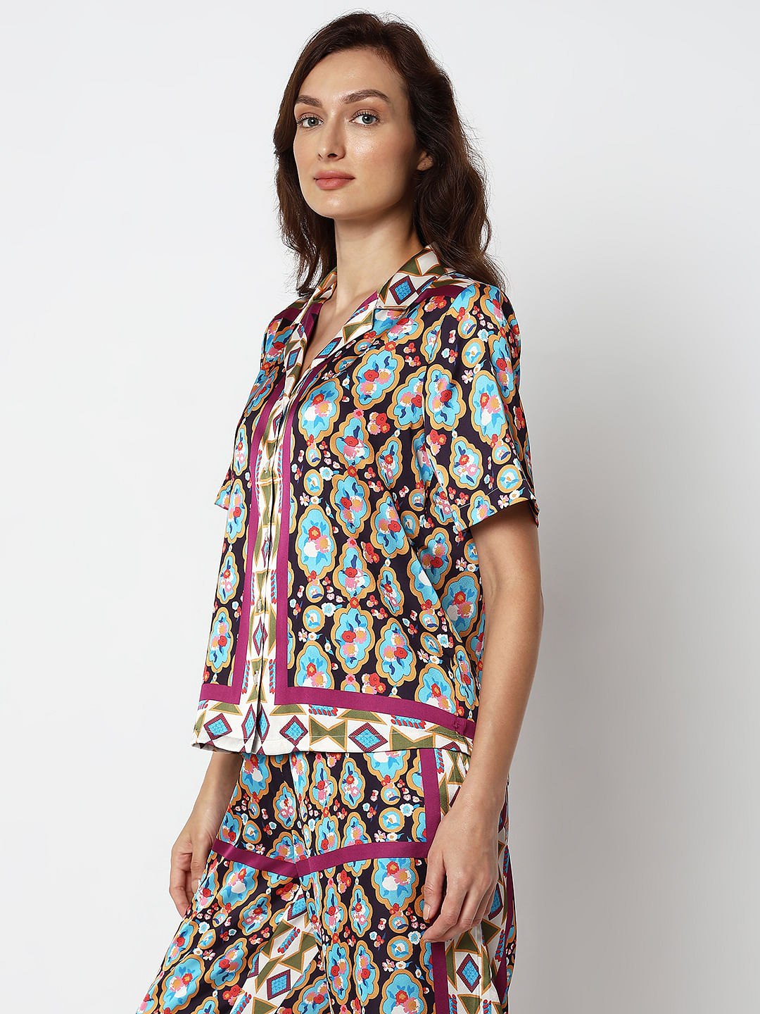 Purple Abstract Print Satin Shirt