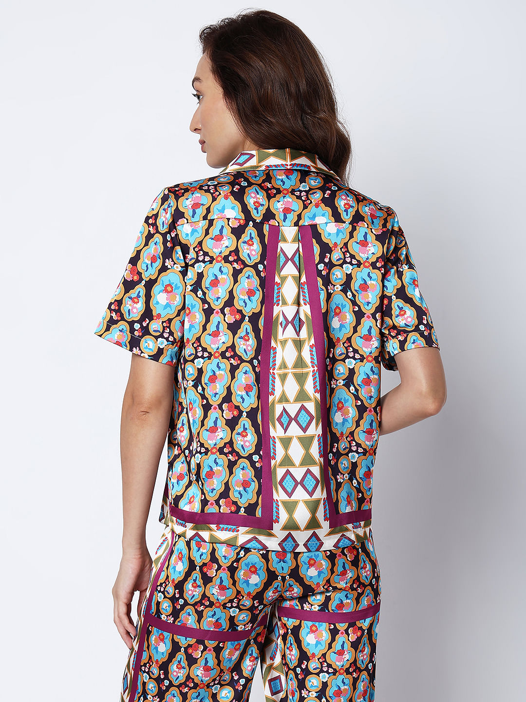 Purple Abstract Print Satin Shirt